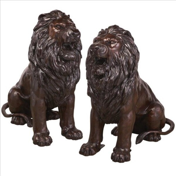 Sentinel Lion Cast Bronze Garden Statues Entryway sculptures pair set